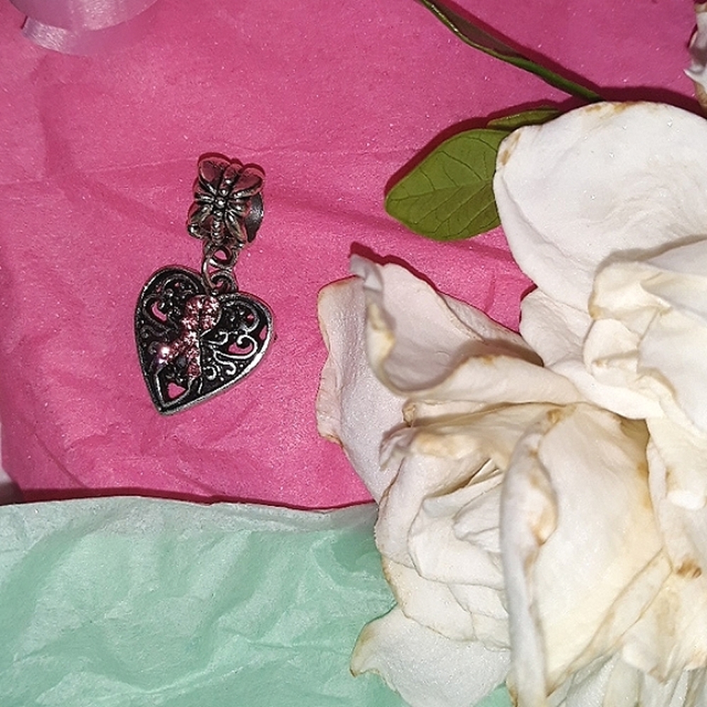 Heart shape ribbon Charm silver filligree pink crystal hope Cancer Survivor NEW - Picture 4 of 4